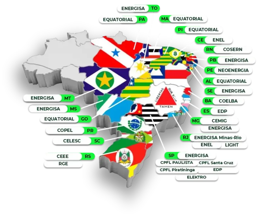 Mapa das distribuidoras de energia elétrica no Brasil atendidas pela iGreen Energy